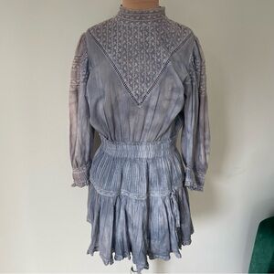 LoveShackFancy Washed Denim Blue Hand Dyed Long Sleeve Mini Viola Dress NWT Sz L